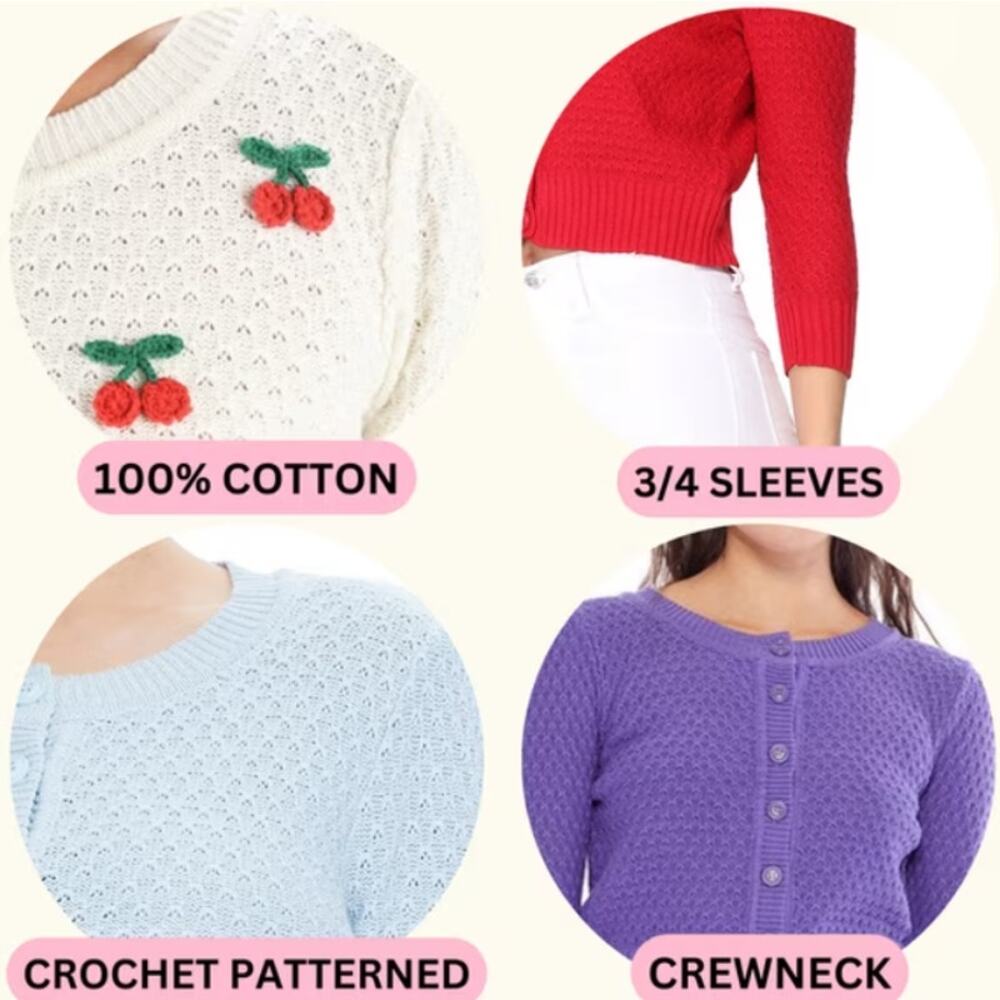 YEMAK Navy Blue Crochet Knit Cropped Cardigan 3/4 Sleeve Crewneck Vintage Style - Picture 7 of 7